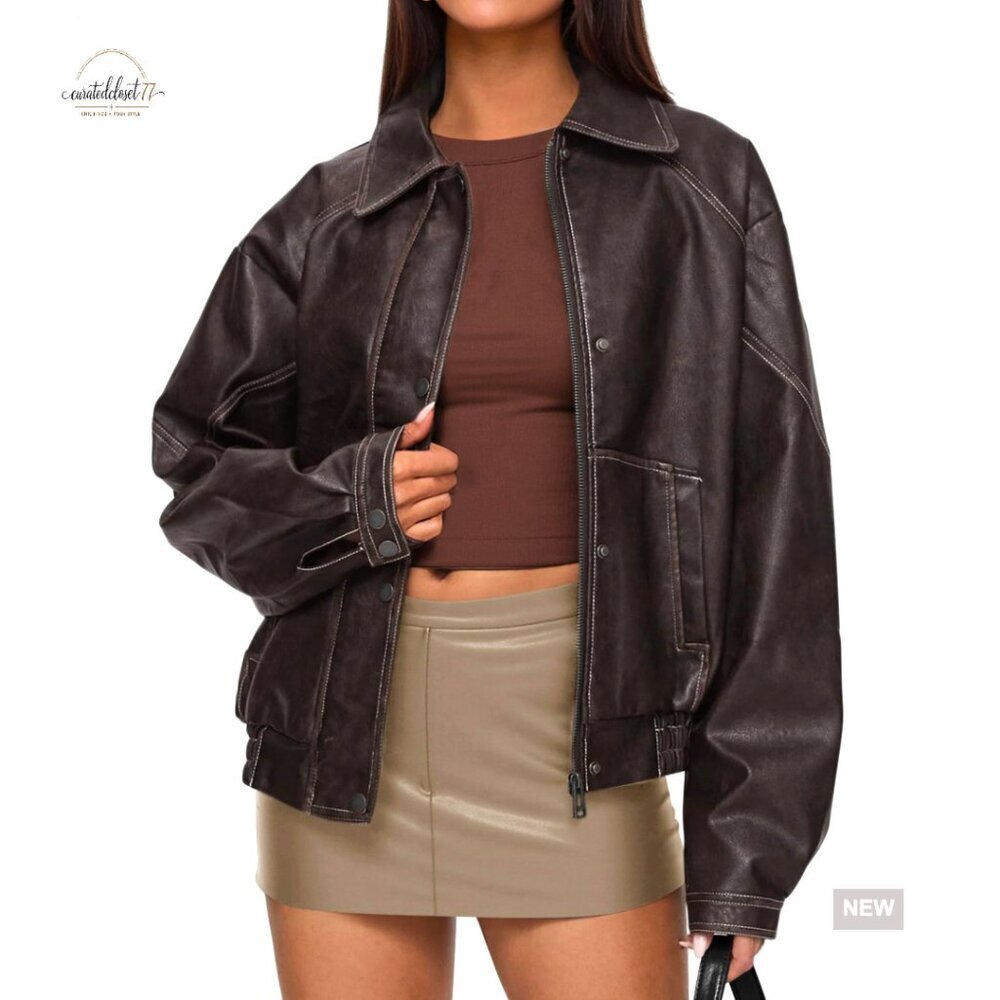 Faux Leather Bomber Jacket Oversized Moto Biker Zip Up Women's Coat